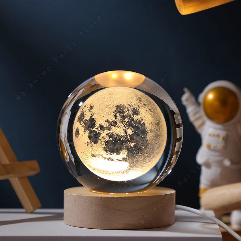 Enchanting 3D Crystal Ball LED Night Light - Stunning Galaxy Lamp Featuring Saturn, Planets, and Moon - Perfect 5cm Bedside Decor and Unique Children's Birthday Gift