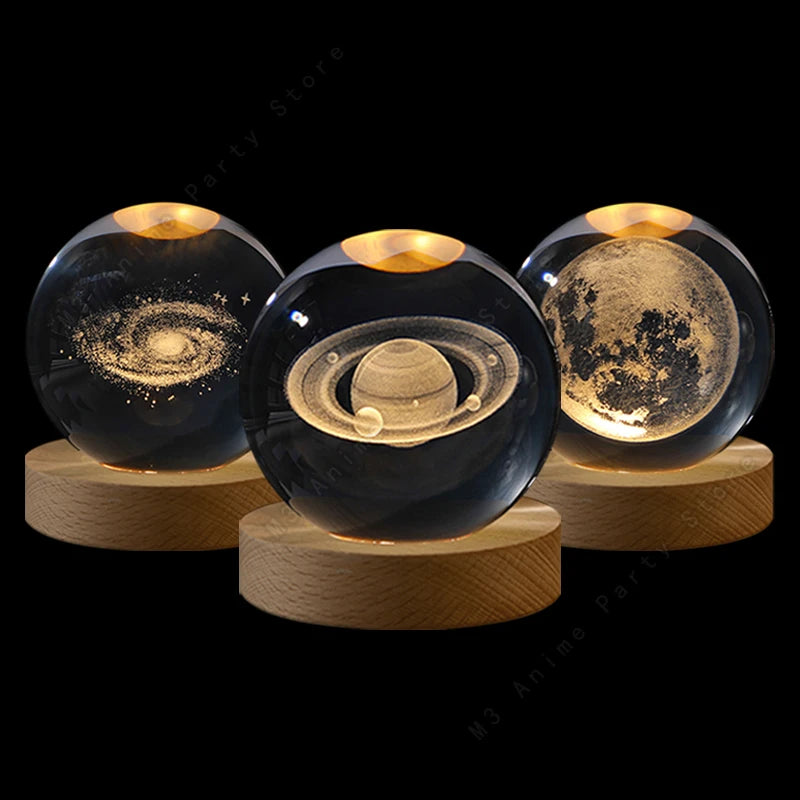 Enchanting 3D Crystal Ball LED Night Light - Stunning Galaxy Lamp Featuring Saturn, Planets, and Moon - Perfect 5cm Bedside Decor and Unique Children's Birthday Gift