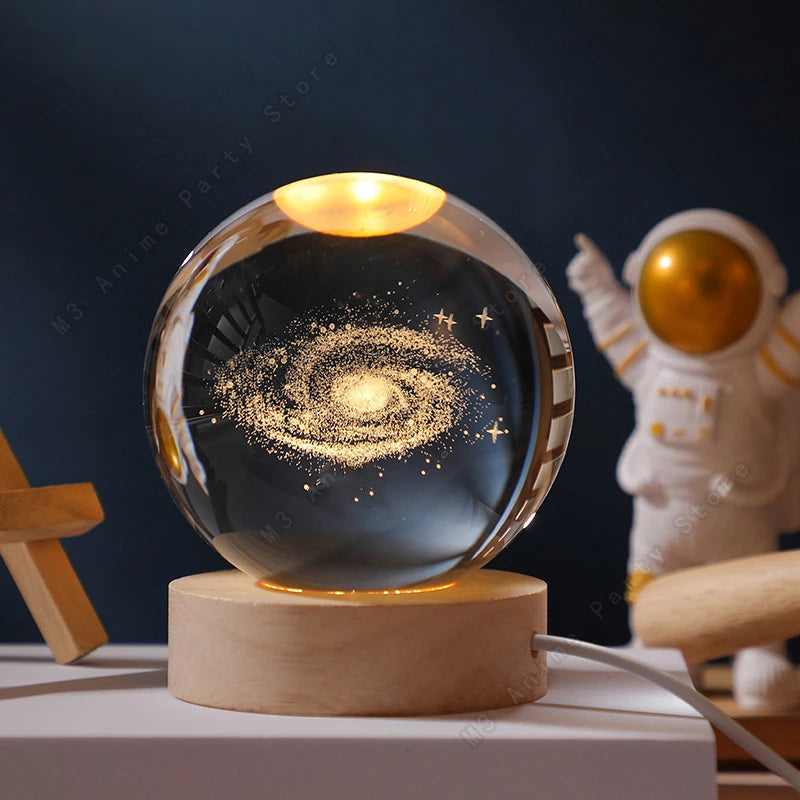 Enchanting 3D Crystal Ball LED Night Light - Stunning Galaxy Lamp Featuring Saturn, Planets, and Moon - Perfect 5cm Bedside Decor and Unique Children's Birthday Gift