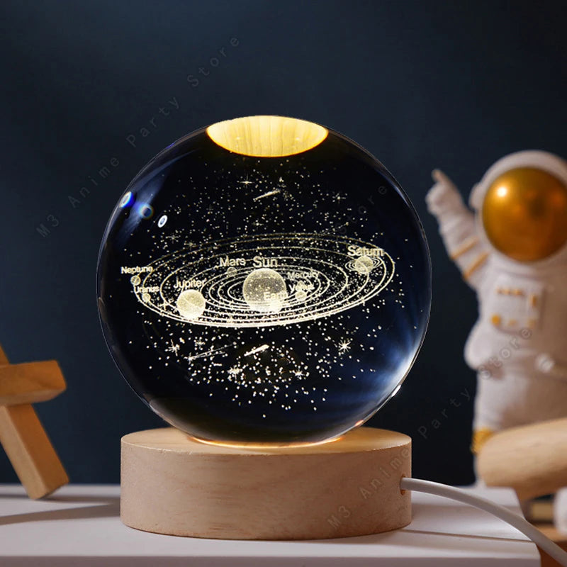 Enchanting 3D Crystal Ball LED Night Light - Stunning Galaxy Lamp Featuring Saturn, Planets, and Moon - Perfect 5cm Bedside Decor and Unique Children's Birthday Gift