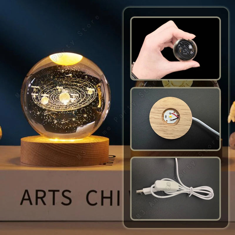 Enchanting 3D Crystal Ball LED Night Light - Stunning Galaxy Lamp Featuring Saturn, Planets, and Moon - Perfect 5cm Bedside Decor and Unique Children's Birthday Gift