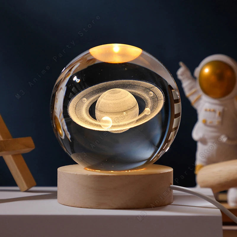 Enchanting 3D Crystal Ball LED Night Light - Stunning Galaxy Lamp Featuring Saturn, Planets, and Moon - Perfect 5cm Bedside Decor and Unique Children's Birthday Gift